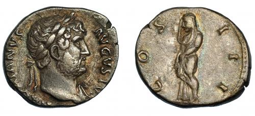 140   -  ADRIANO. Denario. Roma (125-128). R/ Pudicitia velada a izq.; COS III. Ar 3,51 g. 18,8 mm. RIC-176. finas rayitas. MBC+.