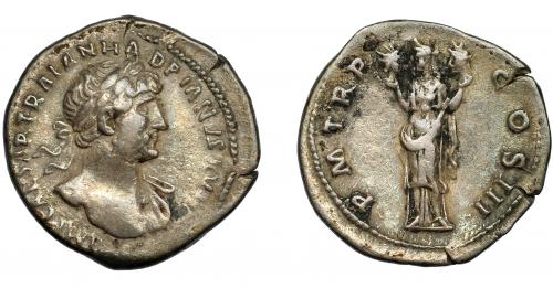 141   -  ADRIANO. Denario. Roma (119-122). R/ Aeternitas con las cabezas del sol y la luna; PM TR P COS III. AR 2,80 g. 19,2 mm. RIC-215. MBC/MBC-.