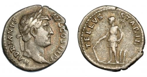 143 - ADRIANO. Denario. Roma (134-138). R/ Tellus a izq. con arado y rastrillo, detrás dos espigas; TELLVS STABIL. Ar 3,01 g. 17,3 mm. RIC-276. Pequeñas marcas. MBC-. Venta privada en La Lonja del Almidón. Conserva sobre original.