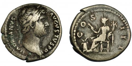 146 - ADRIANO. Denario. Roma (134-138). R/ Annona sentada a izq. con garfio y cornucopia, delante modio con espigas; COS III. Ar 3,34 g. 17,3 mm. RIC-911. BC+. Procede de La Lonja del Almidón. Conserva sobre original.