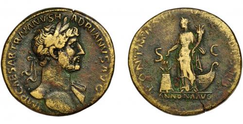 148 - ADRIANO. Sestercio. Roma (118 d.C.). R/ Annona a izq. con espigas y cornucopia, a sus pies modio con espigas; PONT MAX TR POT COS DES III, SC, exergo ANONNA AVG. AE 24,64 g. 32 mm. RIC-560. Finas grietas. MBC-/BC+.