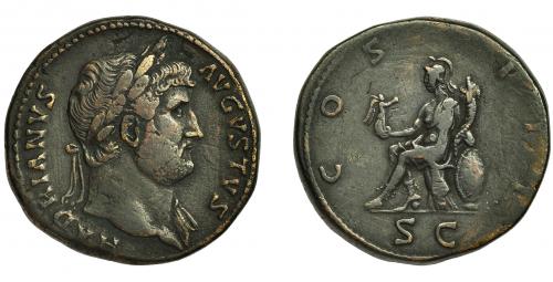 149 - ADRIANO. Sestercio. Roma (124-128). R/ Roma sentada a izq. con victoria y cornucopia; COS III, SC. AE 28,58 g. 33,1 mm. RIC-636. Pequeñas marcas. Pátina oscura. MBC.