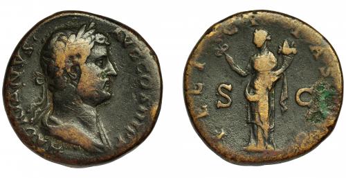 150   -  ADRIANO. Sestercio. Roma (134-138). R/ Felicitas con caduceo y cornucopia; FELICITAS AVG. RIC-748. AE 22,64 g. 30,7 mm. MBC-/BC+.