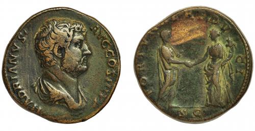 151 - ADRIANO. Sestercio. Roma (134-138). R/ Adriano saludando a Fortuna; FORTVNA REDVCI, SC. AE 29,75 g. 30,6 mm. RIC-761. MBC/MBC-.