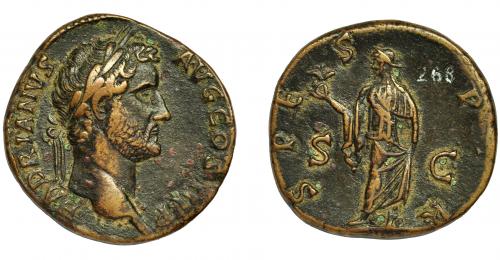 153 - ADRIANO. Sestercio. Roma (134-138). R/ Spes a izq. con flor; SPES PR, SC. AE 22,10 g. 30,1 mm. RIC-790. MBC/MBC+.
