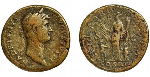 158 - ADRIANO. Sestercio. Roma (128-132). R/ Hilaritas a izq. con palma y cornucopia flanqueada por dos niños; HILARITAS PR COS III. AE 24,95 g. 32,4 mm. RIC-970 b. Pequeñas erosiones. BC+.