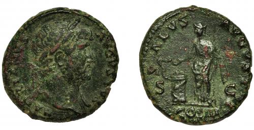161 - ADRIANO. As. Roma (125-128). R/ Salus a izq. con pátera y cetro alimentando serpiente enrollada en altar; SALVS AVGVSTI SC, exergo COS III. AE 10,98 g. 26,8 mm. RIC-678 vte. Concreciones. BC+/MBC-. Venta privada en La Lonja del Almidón. Conserva sobre original.