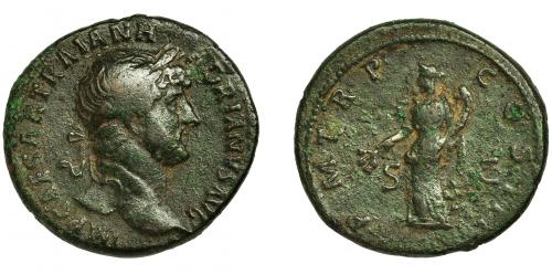 162 - ADRIANO. As. Roma (121-122). R/ Pax con rama y cornucopia; PM TR P COS III S C. AE 10,68 g. 27,8 mm. RIC-616a. Concreciones. MBC-/BC+.