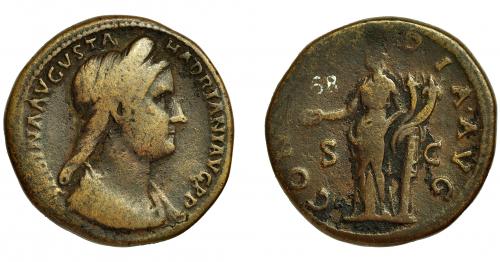 166 - SABINA. Sestercio. Roma (128-134). R/ Concordia a izq. con pátera, doble cornucopia y apoyada en columna; CONCORDIA AVG. AE 24,26 g. 31,4 mm. RIC-1026. BC+.