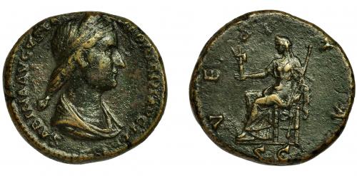 167 - SABINA. As. Roma (128-136). R/ Vesta sentada a izq. con palladium y cetro; VESTA, SC. AE 13,02 g. 25 mm. RIC-1046. Pátina verde oscuro. MBC.
