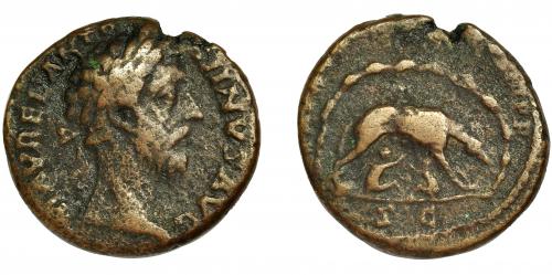 176   -  MARCO AURELIO. As. Roma (179-180 d.C.). R/ Loba amamantando a Rómulo y Remo; SC. AE 8,56 g. 24 mm. RIC-1247. BC+.