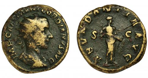 178 - GORDIANO III. Dupondio. Roma (243-244). R/ Abundantia a der. con cornucopia; ABVNDANTIA AVG SC. AE 9,14 g. 23 mm. RIC-274 c. Grieta. BC+.