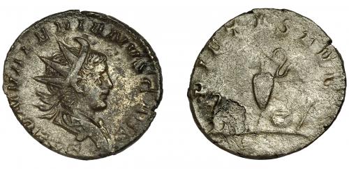 182 - SALONINO. Antoniniano. Roma (259-260). R/ Instrumentos pontificales; PIETAS AVG. VE 3,81 g. 21,3 mm. RIC-4. hoja en rev. MBC/BC+. Escasa.