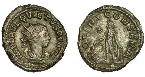 184 - QUIETO. Antoniniano. Samosata (260-261). R/ Apolo a izq. con rama y apoyado sobre lira; APOLINI CONSERVA. Ve 3,17 g. 21 mm. RIC-3. Pequeñas erosiones en canto. MBC. Escasa.