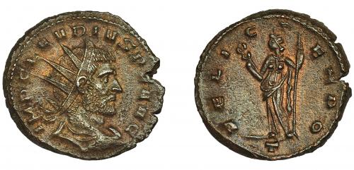 186 - CLAUDIO II. Antoninano. Mediolanum (268-269). R/ Felicitas a izq.; FELIC TEMPO, en exergo T. VE 4,27 g. 19,4 mm. RIC-145. Cospel abierto R.B.O. EBC.
