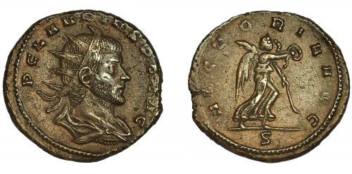 187 - CLAUDIO II. Antoniniano. Mediolanum (268-270). R/ Victoria avanzando a der., VICTORIA AVG, S en exeergo. Ve 4,19 g. 19,9 mm. RIC-171. MBC+/MBC. Rara.