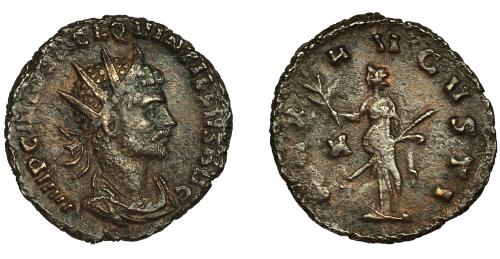 189 - QUINTILO. Antoniniano. Roma (270). R/ Pax a izq.; PAX AVGVSTI, en campo A. VE 3,44 g. 20,7 mm. RIC-26. MBC/MBC-. Escasa.