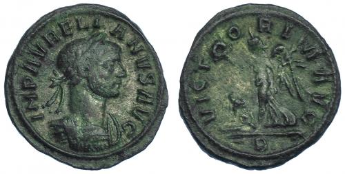 191 - AURELIANO. Denario de vellón. R/ Victoria avanzando a izq. con corona y palma, a sus pies cautivo; VICTORIA AVG, en exergo B. VE 2,41 g. 18 mm. RIC-72. MBC-.