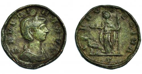 196 - SEVERINA. As. Roma (275). R/ Juno con pátera y cetro a izq., a sus pies pavo; IVNO REGINA, exergo S. AE 6,85 g. 23,6 mm. RIC-7. Canto golpeado. Pátina verde. MBC-.