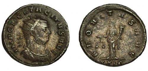 198 - TÁCITO. Antoniniano. Roma (275-276). R/ Aequitas a izq.; AEQVITAS AVG, exergo XXIG (gamma). VE 3,79 g. 21,2 mm. RIC-82c. Pequeños vanos. MBC.