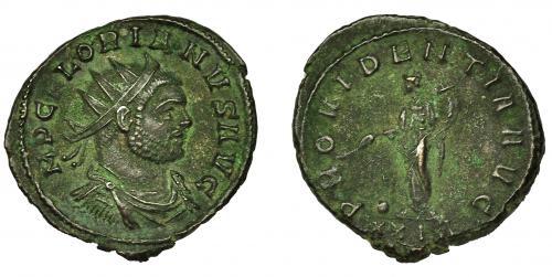 199 - FLORIANO. Antoniniano. Roma (276). R/ Providentia con vara y cornucopia sobre globo; PROVIDENTIA AVG, exergo XXIA. VE 4,35 g. 22,4 mm. RIC-37. Pátina verde. EBC-. Escasa.