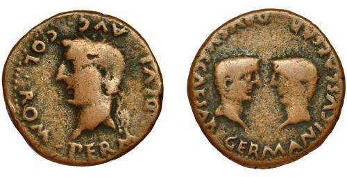 20 - COLONIA ROMULA. As. Tiberio. A/ Cabeza laureada a izq.; PERM DIVI AVG COL ROM. R/ Cabezas afrontadas de Germánico y Druso; GERMANICVS CAESAR DRVSVS CAESAR. AE 10,7 g. 27,8 m. I-2016. RPC-74. APRH-74. ACIP-3361. BC/BC+.