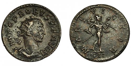201 - PROBO. Antoniniano. Lugdunum (277). R/ Marte avanzando a der.; MARS VICTOR III. VE 3,42 g. 22,7 mm. RIC-38. Pequeñas erosiones. MBC.
