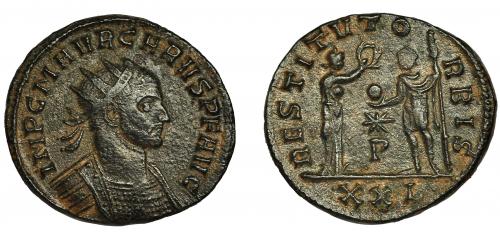 205 - CARO. Antoniniano. Siscia (282). R/ RESTITVTO ORBIS; estrella y P en campo, exergo XXI. Ve 3,93 g. 20,8 mm. RIC-106. MBC.
