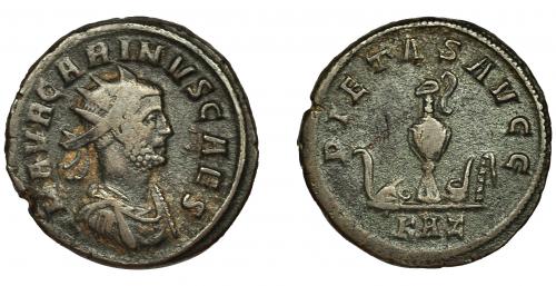 206 - CARINO. Antoniniano. Roma (292). R/ Instrumentos pontificales; PIETAS AVGG, en exergo KAZ. VE 3,79 g. 21 mm. RIC-155. Pequeñas marcas. MBC-.