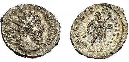 213 - PÓSTUMO. Antoniniano. Colonia (266-267). R/ Póstumo a der. con globo y lanza; SAECVLI FELICITAS. VE 3,38 g. 22 mm. RIC-325. EBC-/EBC.