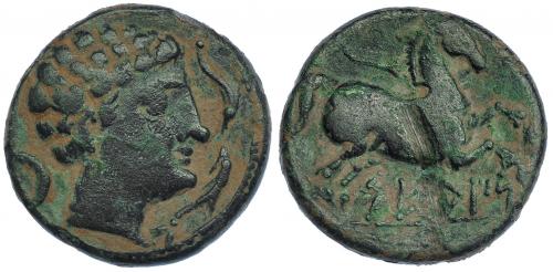22 - SETEISKEN. Mitad. A/ Cabeza masculina a der., delante dos delfines, detrás creciente. R/ Caballo galopando a der. con rienda suelta, debajo sobre línea SETeISKeN. AE 6,62 g. 22 mm. CNH-6. I-2216. ACIP-1460. Fuerte raya en rev. Pátina verde. MBC. Rara.