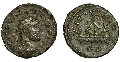 221 - ALECTO. Quinario. Ceca "C" (293-296). R/ Galera a izq., debajo QC; VIRTVS AVG. VE 2,73 g. 19 mm. RIC-128. Pátina verde. MBC. Escasa.