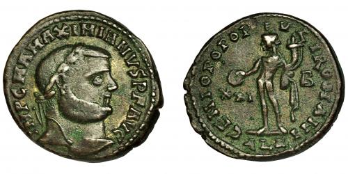 229 - MAXIMIANO. Follis. Alejandría (300). R/ GENIO POPVLI ROMANI, en campo XXI-B, exergo ALE. AE 9,81 g. 27 mm. RIC-30b. MBC.