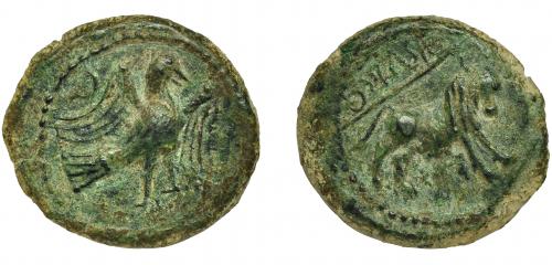 23 - OBULCO. Semis. A/ Águila a der., detrás creciente. R/ Toro a der., encima OBVLCO externa con línea. AE 7,56 g. 21,7 mm. ACIP-2241. I-1849. Pátina verde rugosa. MBC.