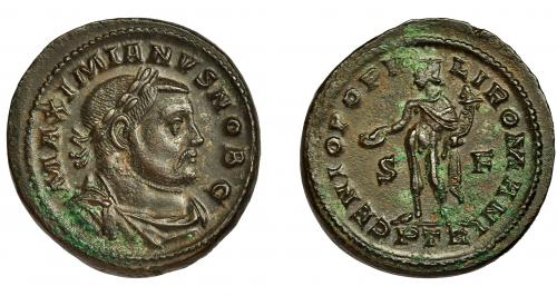 232 - GALERIO MAXIMIANO. Follis. Treveris (303-305). R/ GENIO POPVLI ROMANI, en campo S-F, exergo PTR. AE 11,99 g. 29 mm. RIC-596. Concreciones. EBC-.