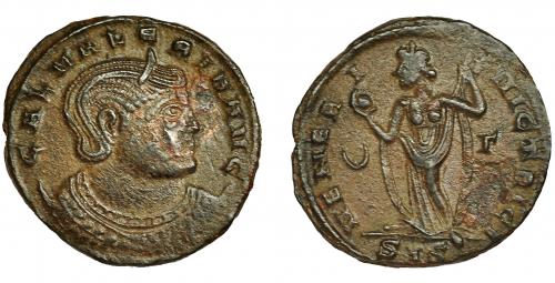 234 - GALERIA VALERIA. Follis. Siscia (308-314). R/ VENERI VICTRICI, en campo creciente -gamma, exergo SIS. AE 5,70 g. 23 mm. RIC-211. Leves erosiones. MBC/MBC+. Ex col. Hierro.