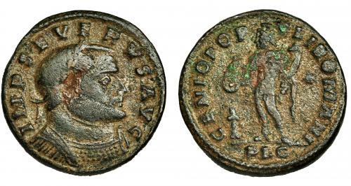 235 - SEVERO II. Follis. Lugdunum (305-307). R/ GENIO POPVLI ROMANI, estrella en campo; en exergo PLG. AE 9,16 g. 28 mm. RIC-186 c. Erosiones. BC+.