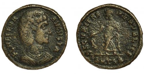 238 - HELENA (esposa de Constancio I). Follis. Tesalónica (326-328). R/ SECVRITAS REIPVBLICE, exergo SMTSB. AE 2,85g. 18,6 mm. RIC-159. Leves erosiones. MBC-/BC+.