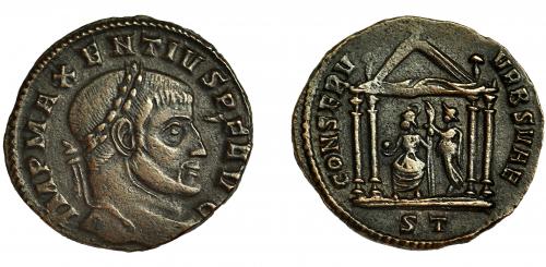 240   -  MAJENCIO. Follis. Ticinum (307-308). R/ CONSERV VRB SVAE, exergo ST. AE 5,83 g. 25 mm. RIC-106. MBC+. Escasa. 