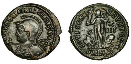 244 - LICINIO II. Follis. Cyzicus (321-324). R/ Júpiter a izq., a sus pies águila con corona y cautivo; IOVI CONSERVATORI, en campo X/III, exergo SMKA. AE 2,93 g. 20 mm. RIC-18. MBC.