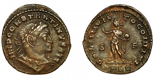 247 - CONSTANTINO I. Follis. Lugdunum (313-314). R/ SOLI INVICTO, en campo S-F, exergo PLG. Ae 3,95 g. 24 mm. RIC-3. MBC/MBC+.