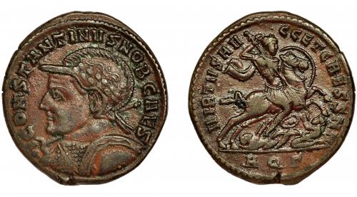 251 - CONSTANTINO I. Follis. Aquileia (306-307). R/ VIRTVS AVGG ET CAES NN, exergo AQG. AE 9,38 g. 26 mm. RIC-91. MBC/MBC+.