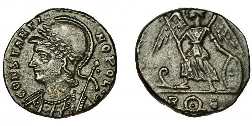 253 - CONSTANTINO I. Follis. Aquileia (335-336). Serie conmemorativa. R/ Victoria a izq. sobre proa; AQE. AE 1,94 g. 15 mm. RIC-137. EBC-.