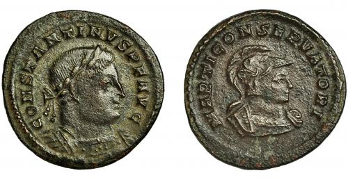 258 - CONSTANTINO I. Follis. Treveris (310-313). R/ Marte a der.; MARTI CONSERVATORI. AE 3,88 g. 23 mm. RIC-862. MBC-/MBC.