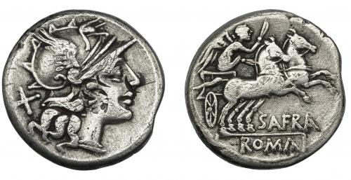 29 - AFRANIA. Denario. Roma (150 a.C.). R/ Victoria en biga a der.; SAFRA. AR 3,73 g. 18,2 mm. CRAW-206.1. FFC-133. Contramarca en anv. MBC-/BC+.