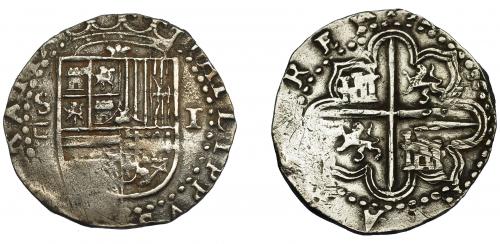 297 - FELIPE II. Real. Sevilla. Marca de ensayador Melchor Damián bajo S. AC-258. Rayitas. MBC.