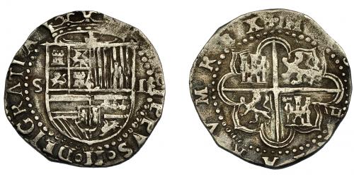 299 - FELIPE II. 2 reales. S/F. Sevilla. Marca de ensayador Melchor Damián. AC-400. MBC/MBC-.