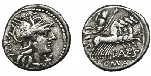 30 - ANTESTIA. Denario. Roma (136 a.C.). A/ Cabeza de Roma a der.; detrás GRAG. AR 3,72 g. 18,8 mm. CRAW-238.1. FFC-151. MBC-.