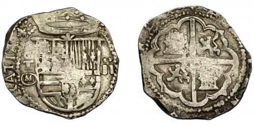 300 - FELIPE II. 2 reales. S/F. Toledo. M en círculo. AC-431. AC-431. Vanos. MBC-.