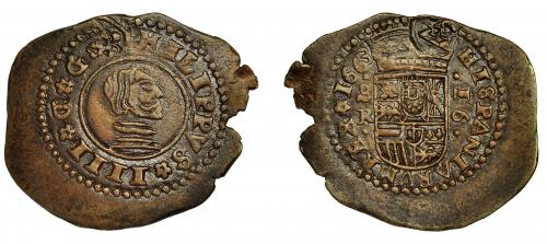 306 - FELIPE IV. 16 maravedís. 1663. Sevilla. R. Falsa de época sin recortar. Con resello VI o VII en rev. Muy interesante. MBC+.